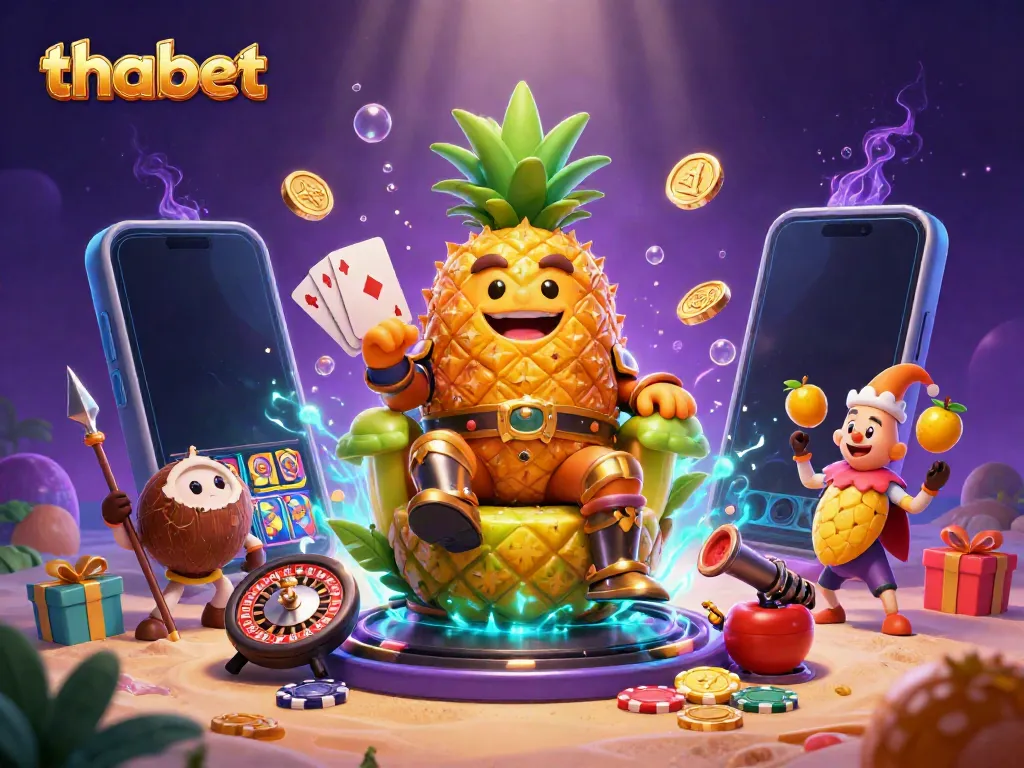 Experience thrilling gaming action at thabet with a golden pineapple king leading an extravagant casino scene.