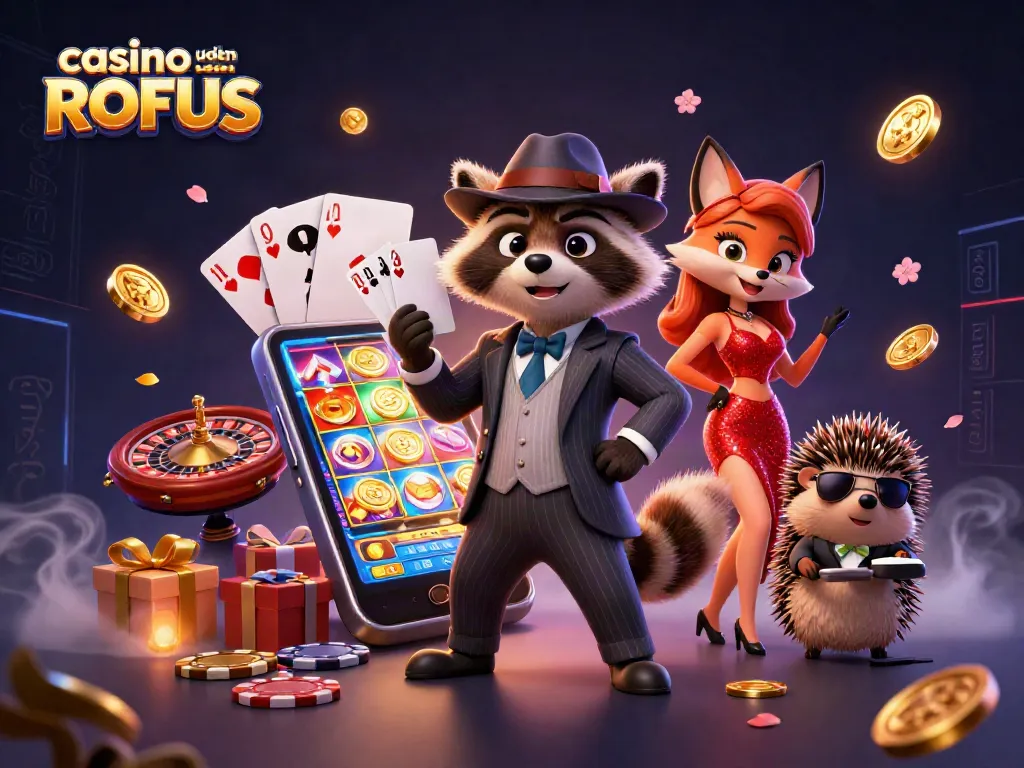 Experience thrilling games at casino uden om ROFUS with a charming cartoon raccoon and friends!