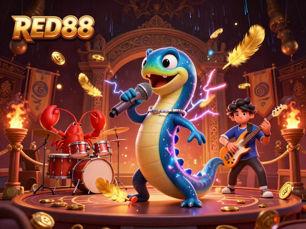 Experience the electrifying vibe of RED88 with a vibrant underwater casino stage featuring a DJ electric eel.