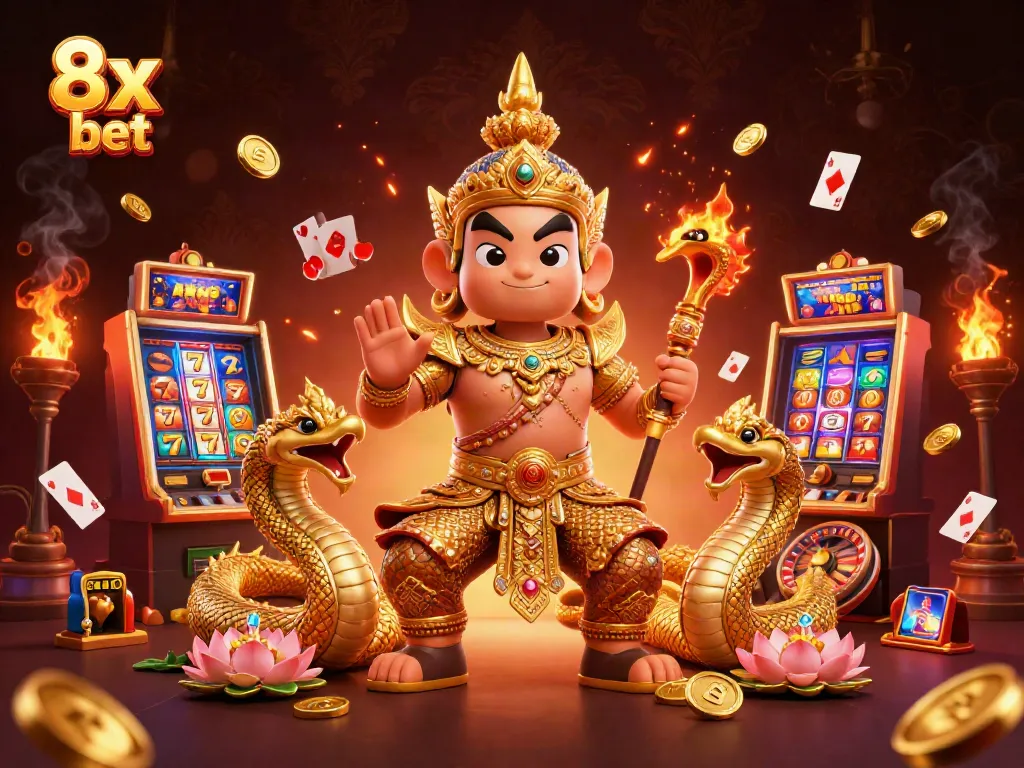 Spin the reels and win big at 8x bet with vibrant casino games featuring golden temple guardians.