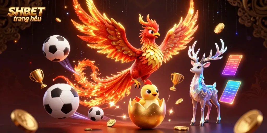 Engage with SHBET trang chủ for thrilling gaming experiences featuring a fiery phoenix and dynamic sports elements.