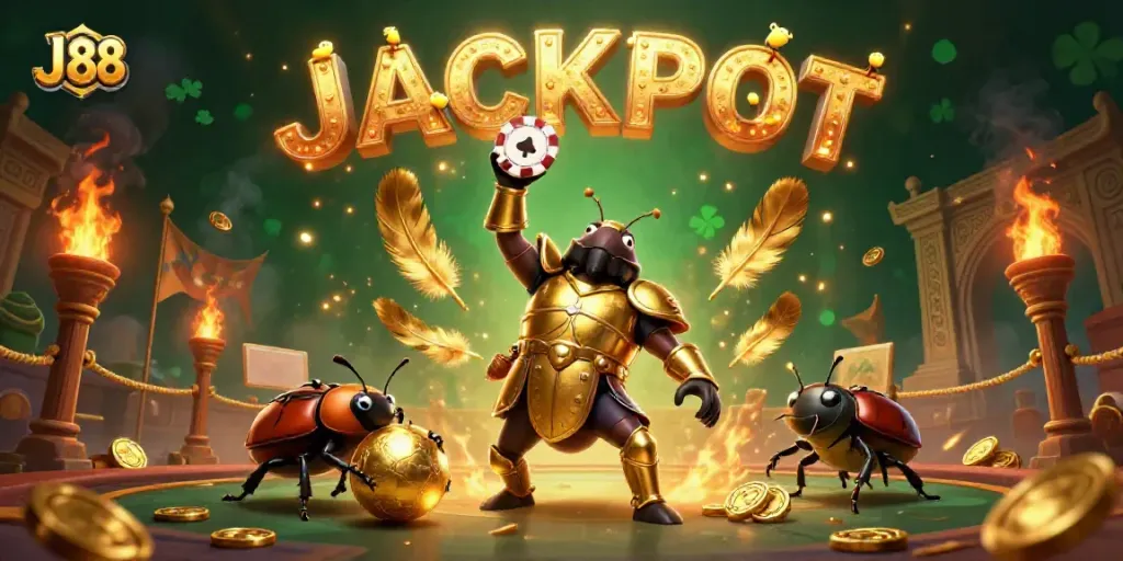 Experience the thrill of J 88 casino with a heroic beetle lifting poker chips, surrounded by vibrant game elements.