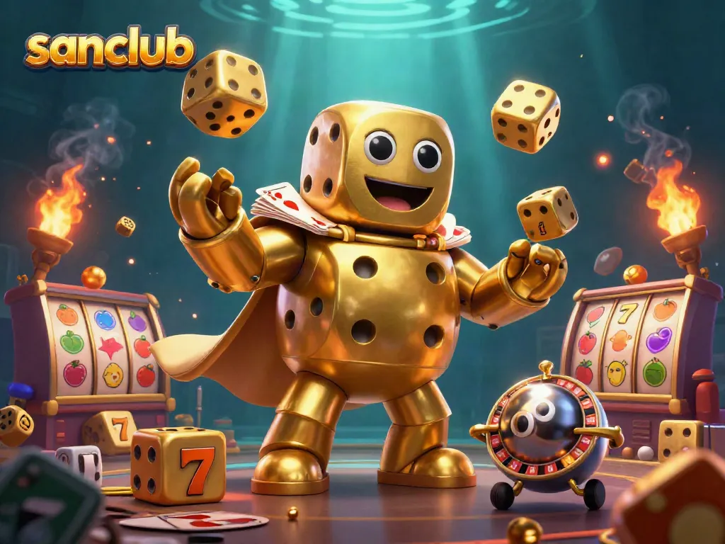 Engage with sanclub's immersive golden dice golem and vibrant slot game elements.