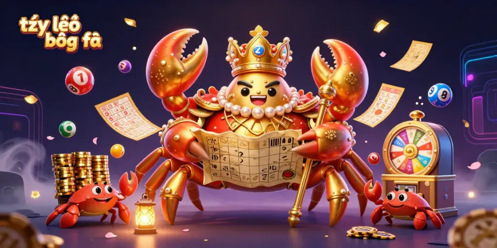 Experience the dynamic atmosphere of tỷ lệ bóng đá with an emperor crab, lottery elements, and vibrant colors.
