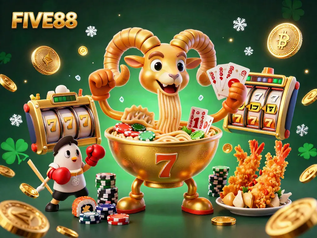 Experience the excitement of FIVE88 with a vibrant 3D casino scene featuring cartoon characters and slot games.