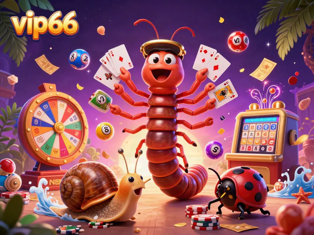 Experience the excitement of vip66 with a colorful casino-themed illustration featuring a cartoon dealer, vibrant games, and dynamic elements.