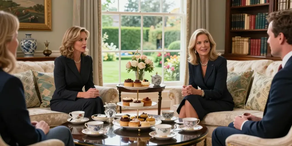 Tucker Carlson Wife Heiress Net Worth: Susan Andrews engaging in elegant conversation in a stylish living room.
