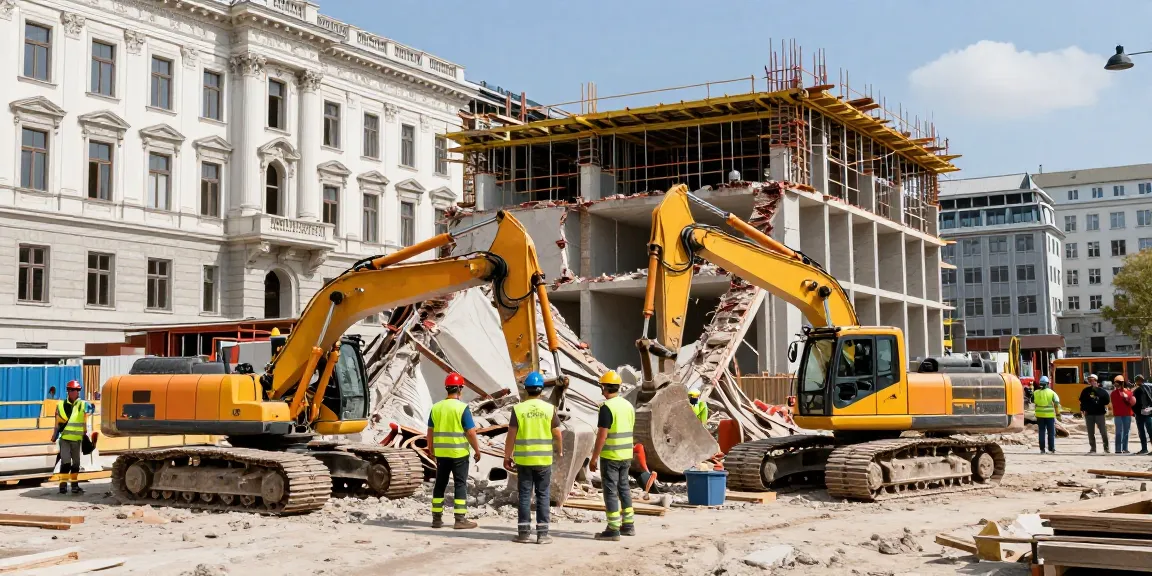 Professionelle Abbrucharbeiten in Wien mit Maschinen und Team, das Gebäude abreißt.
