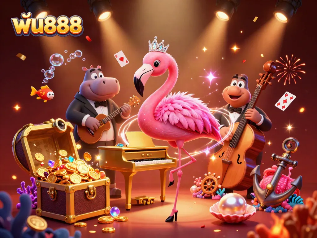 Engage at ฟัน888 with a vibrant 3D illustration featuring a lively casino scene of cartoon characters and game elements.