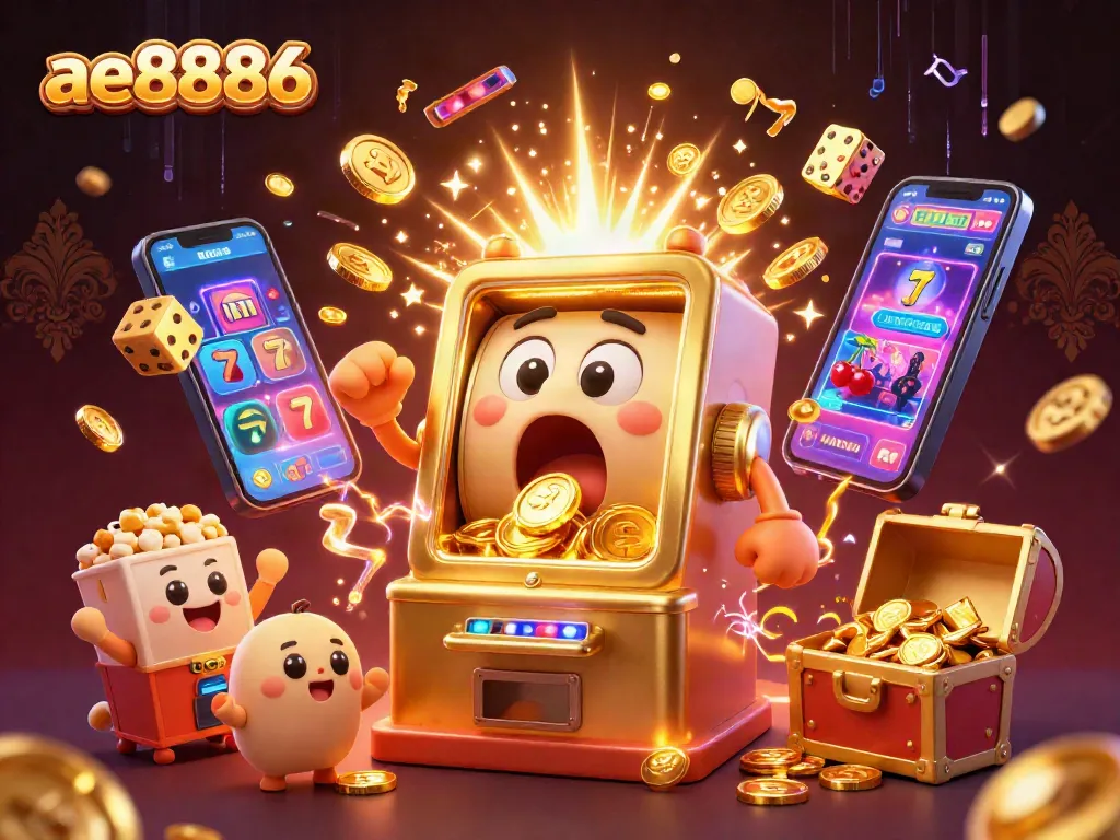 Experience the excitement of ae8886 with golden slot machines celebrating a big win amidst colorful casino elements.