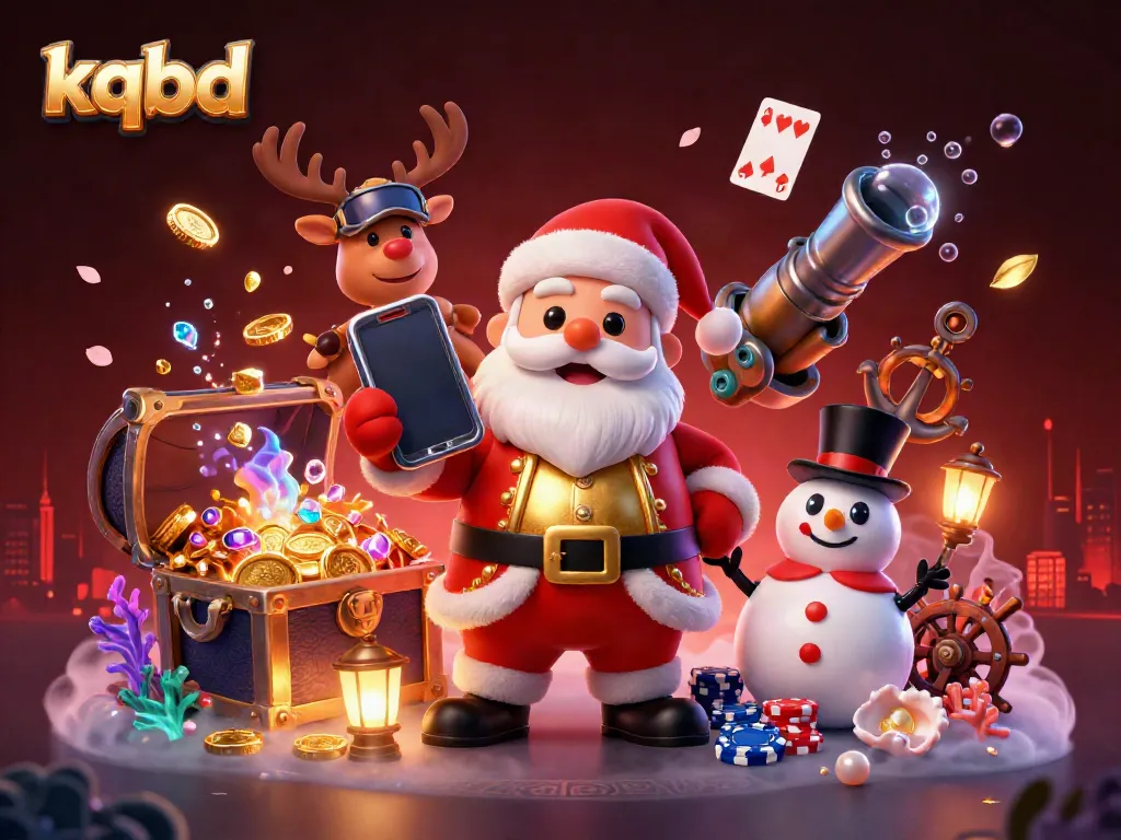 KQBD presents Santa Claus in a casino scene, showcasing jackpot slots with vibrant gaming elements.