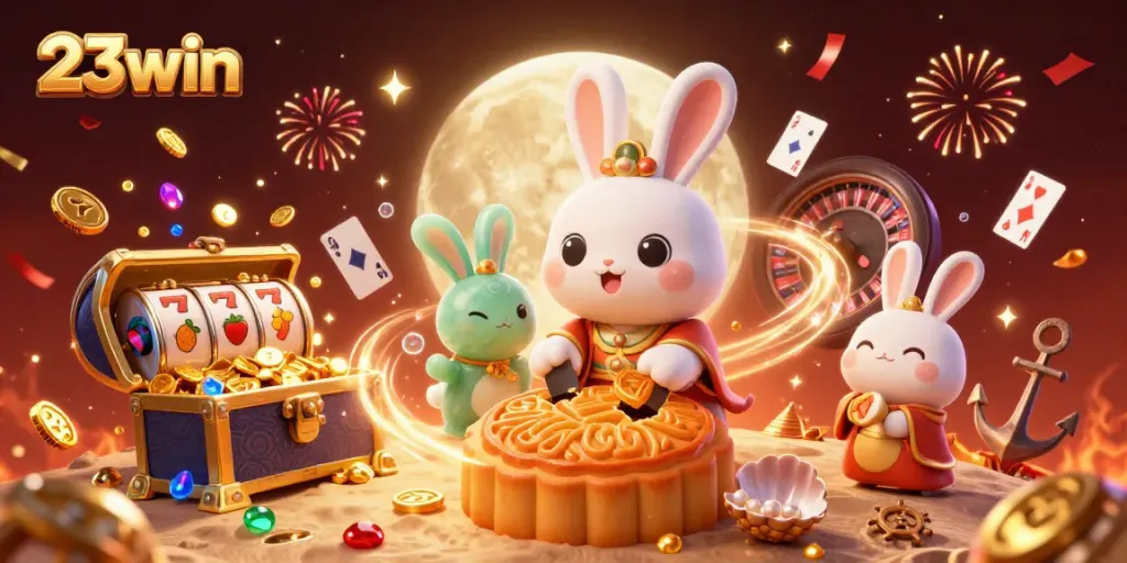 Experience the excitement of 23win with 3D elements like poker chips and moon rabbits in a vibrant casino scene.