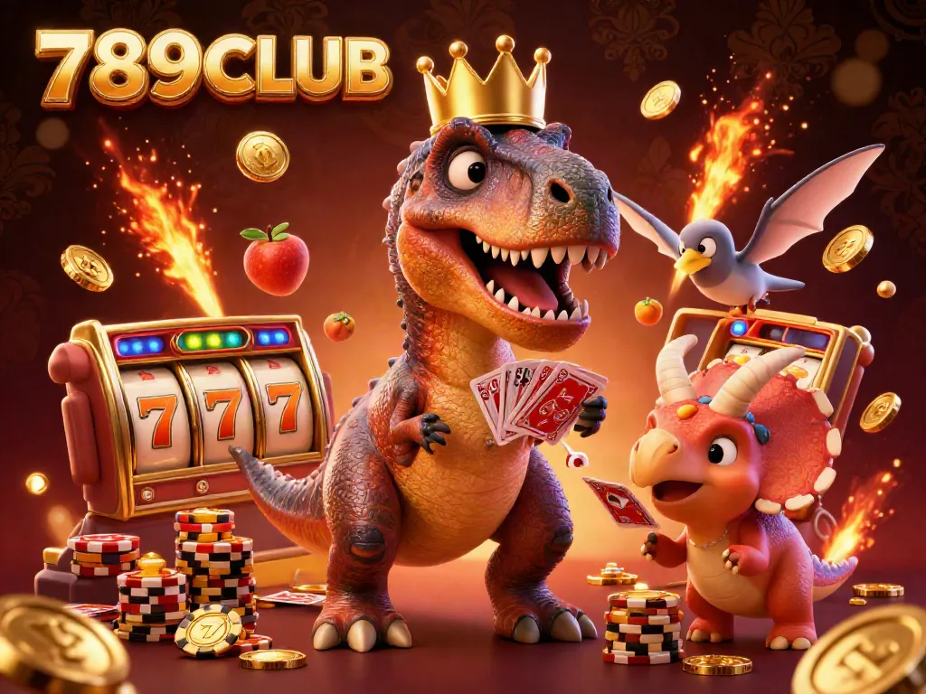 Experience the dynamic excitement of 789CLUB with cartoon dinosaurs in a jam-packed casino scene.