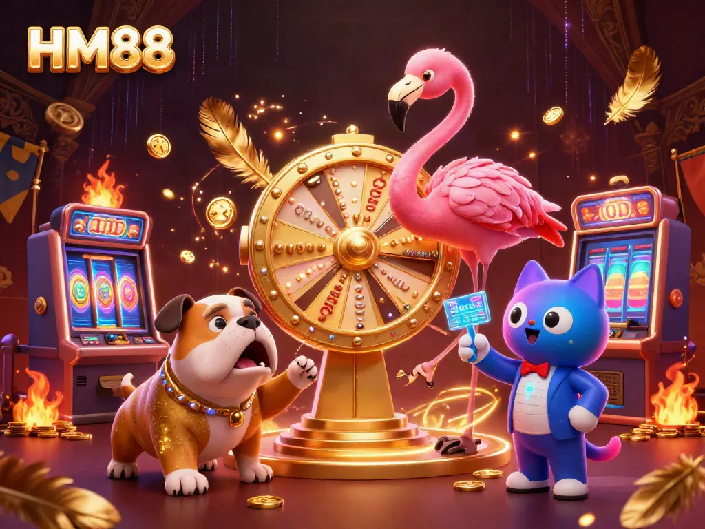 HM88's game show scene with vibrant characters celebrating casino jackpots amid golden coins and dynamic elements.