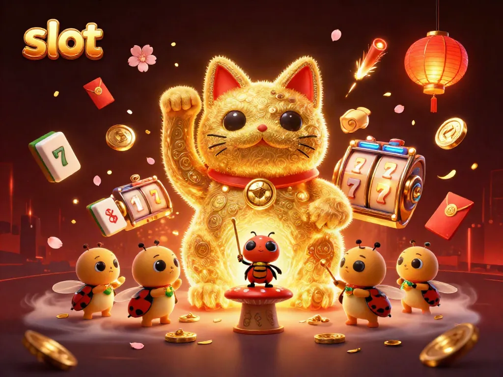 Engage with the thrilling world of slots through a vibrant 3D illustration featuring golden fireflies forming a lucky cat.