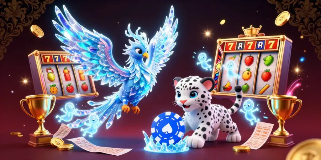 Exciting Gemwin illustration of an ice phoenix and snow leopard with casino elements.