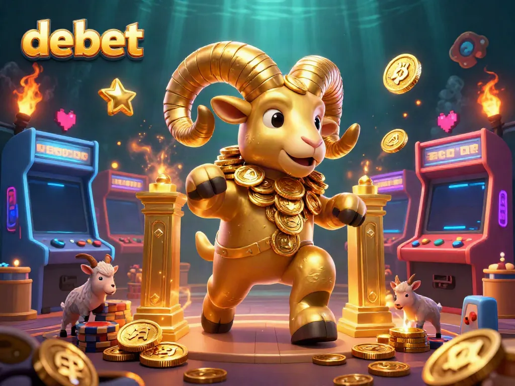 Engage with debet's thrilling animated casino scene featuring a golden ram charging through a vibrant game atmosphere.
