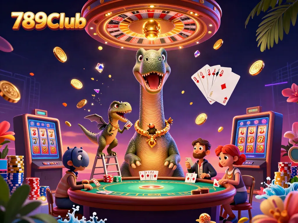 Play exciting games at 789Club with a vibrant casino scene featuring a towering dinosaur and dynamic gameplay elements.