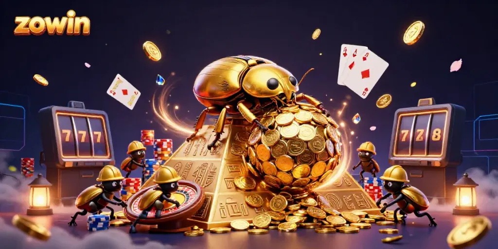 Zowin's vibrant casino scene with a golden beetle and dynamic gaming elements.