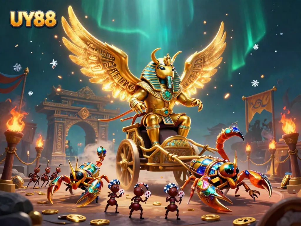 Experience the excitement of UY88 with a vivid illustration of a golden scarab beetle champion in an action-packed casino scene.