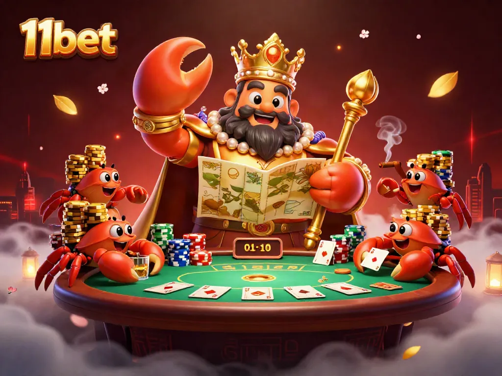 11bet showcases a vibrant 3D casino scene featuring a golden crab emperor and poker elements.