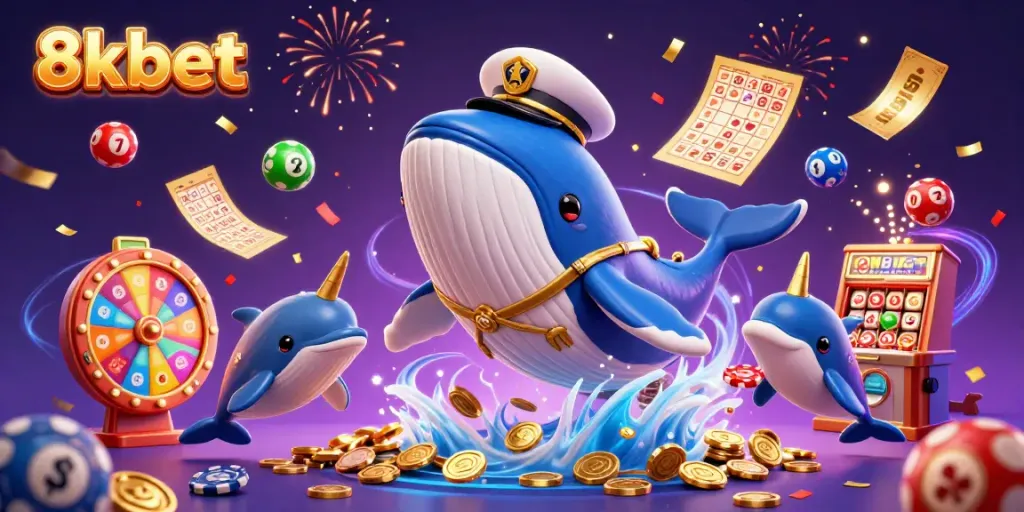 Exciting 8xbet casino scene showcasing a whale, narwhal, and dolphins among lively gambling elements.