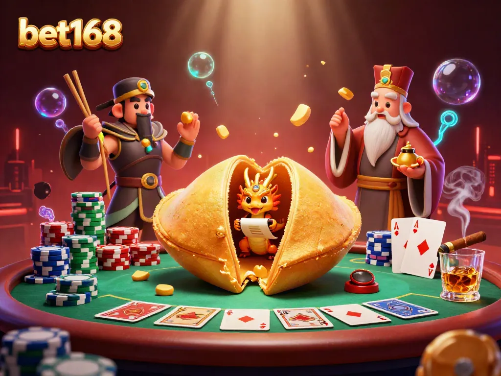 Experience the thrill of bet168 with a vibrant casino-themed illustration showcasing golden fortune elements and poker excitement.