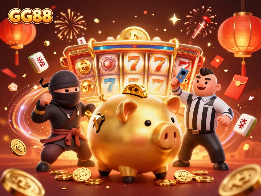 Participants at GG88 engage with lively games as golden coins rain down in a vivid digital casino.