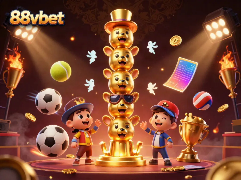 Engage with 88vbet's vibrant 3D cartoon illustration showcasing a golden totem pole surrounded by dynamic sports elements.