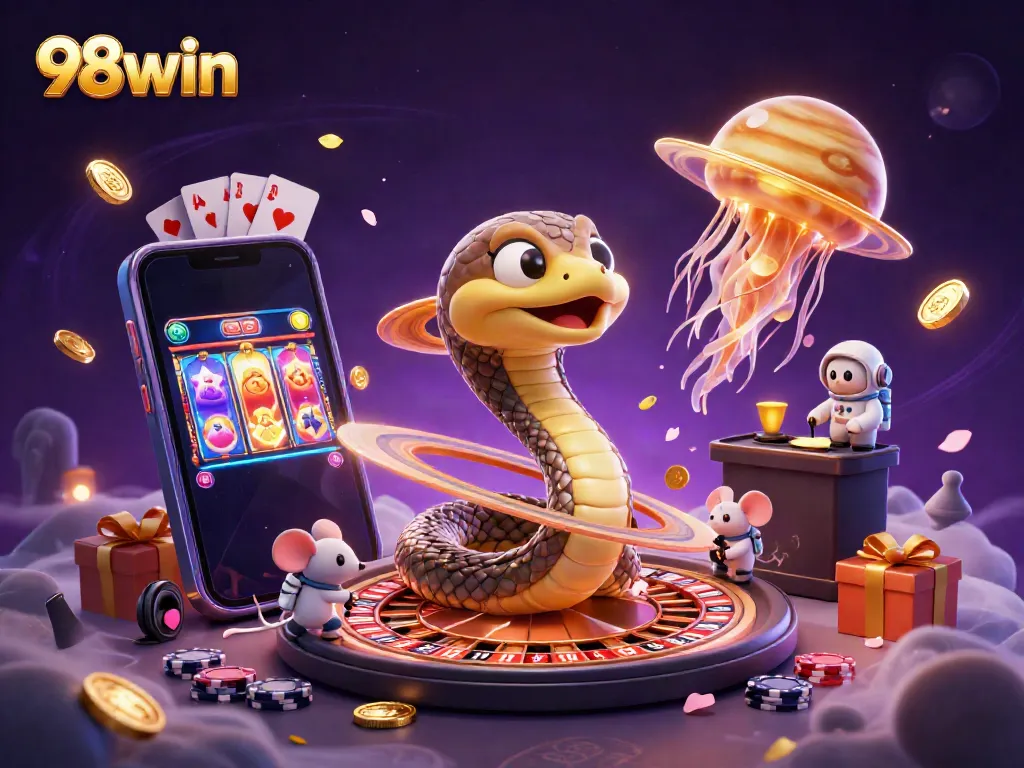 Experience the thrilling 98win casino with astronaut mice betting around a roulette wheel.