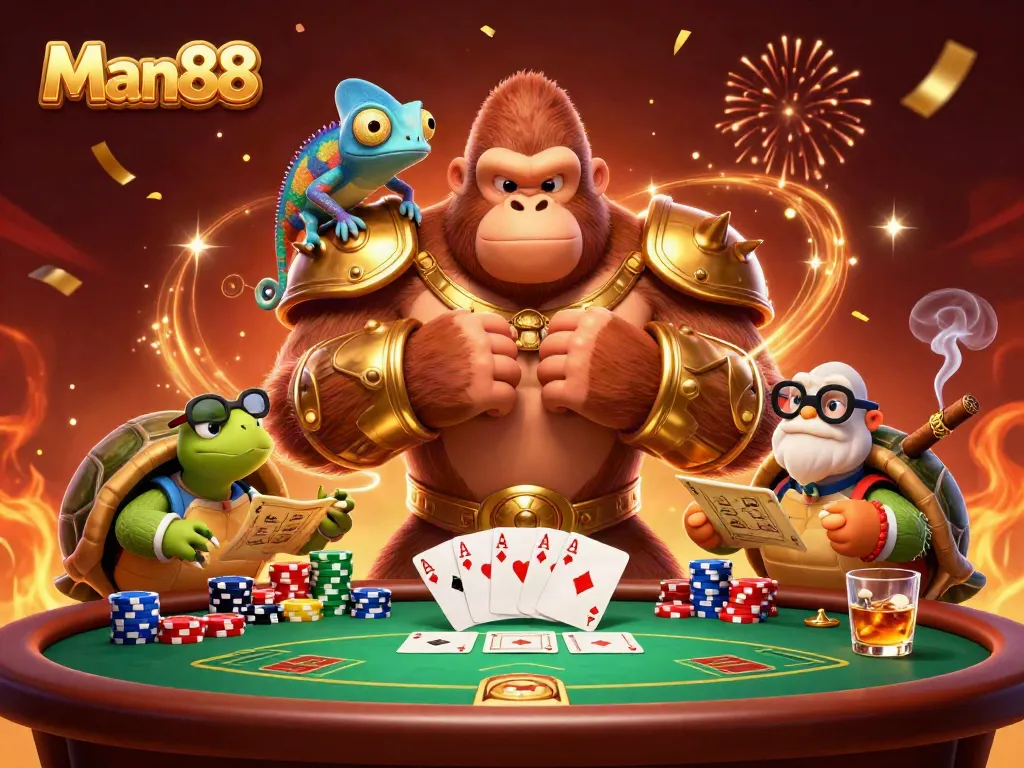 Engage in thrilling poker adventures at Man88 with a powerful 3D cartoon gorilla king and more.