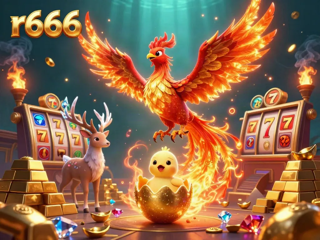 Experience exhilarating slot gaming action with r666 in a vibrant, fantasy-themed illustration.