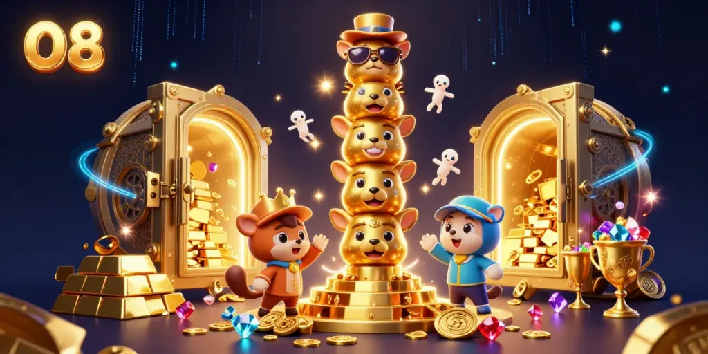 Experience the excitement of O8 online casino with animated characters and treasure in this vibrant illustration.
