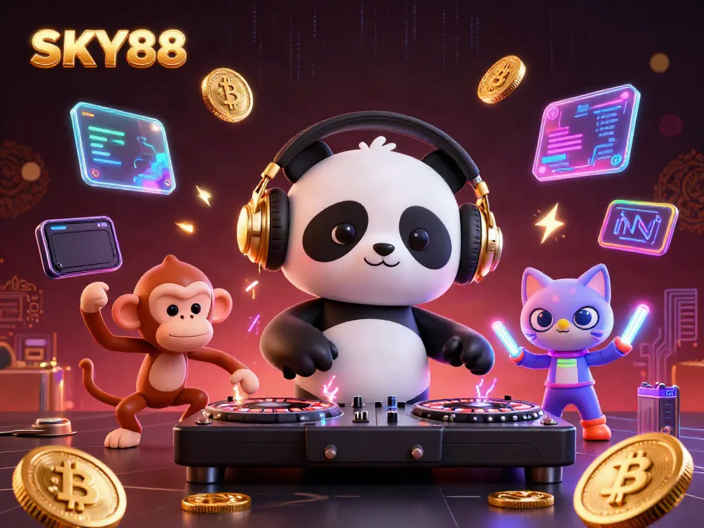 Experience gaming excitement with SKY88 through an ultra-detailed 3D scene filled with dynamic characters and vibrant elements.