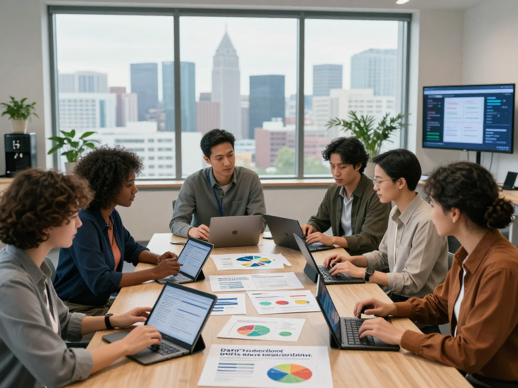 Wirtschaft und Verwaltung Wohnungsbaugenossenschaften team collaboration on data protection and accessibility strategies in a modern office.