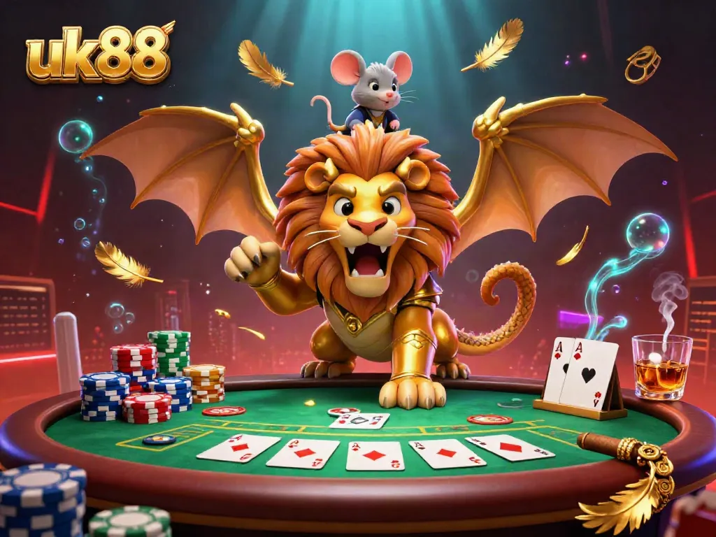 Join the thrilling action at uk88 with a vibrant 3D chimera creature and poker elements illustrating an exciting gambling scene.