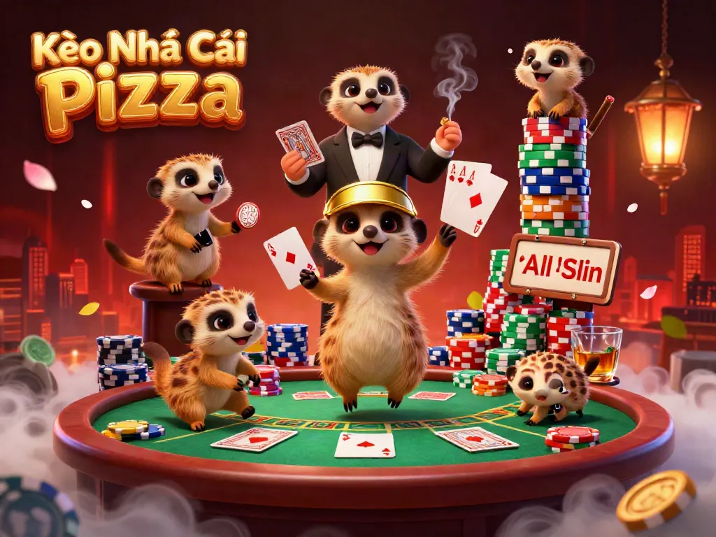 Experience thrilling bets with Kèo Nhà Cái Pizza in a dynamic casino scene filled with colorful poker chips.