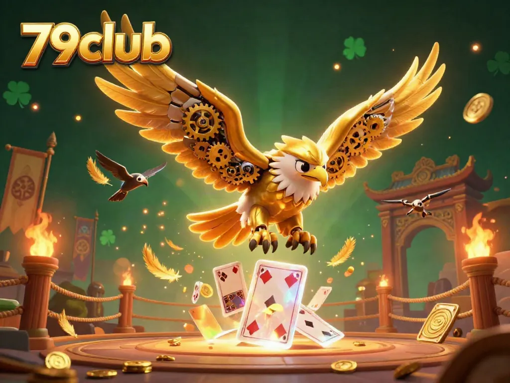 Experience thrilling gameplay at 79club, where golden eagle champions flutter amidst holographic cards and dynamic casino elements.