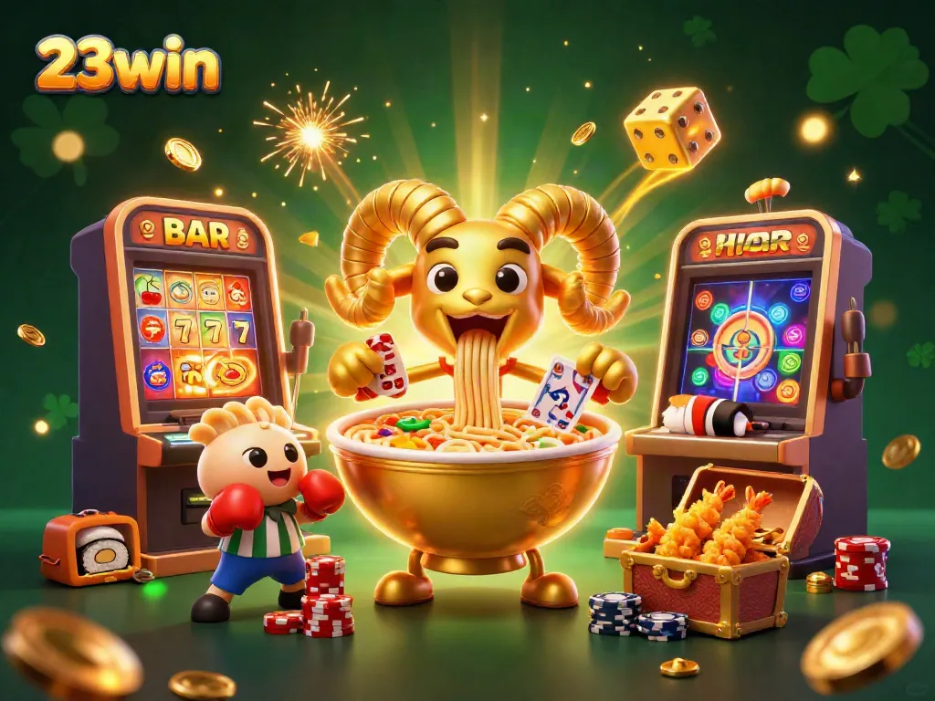 Engage in thrilling games at 23win, where a giant ramen bowl character deals cards amidst a vibrant casino scene.