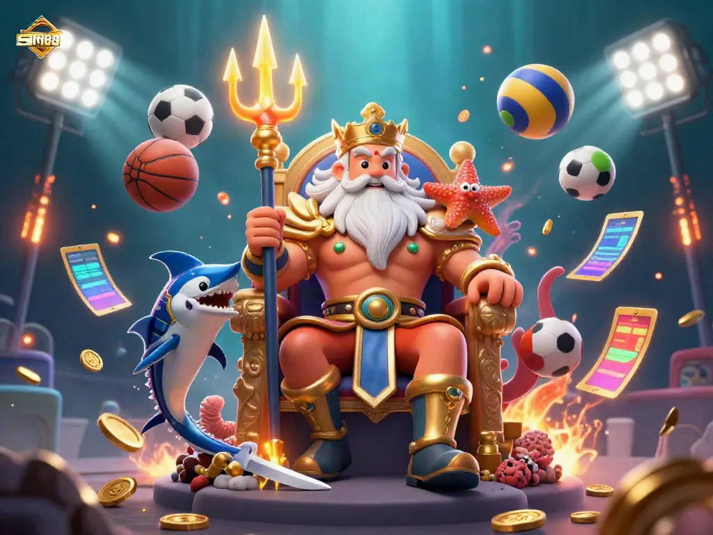 Experience the excitement of betting at SIN88 with Neptune and sports elements in a vibrant underwater scene.