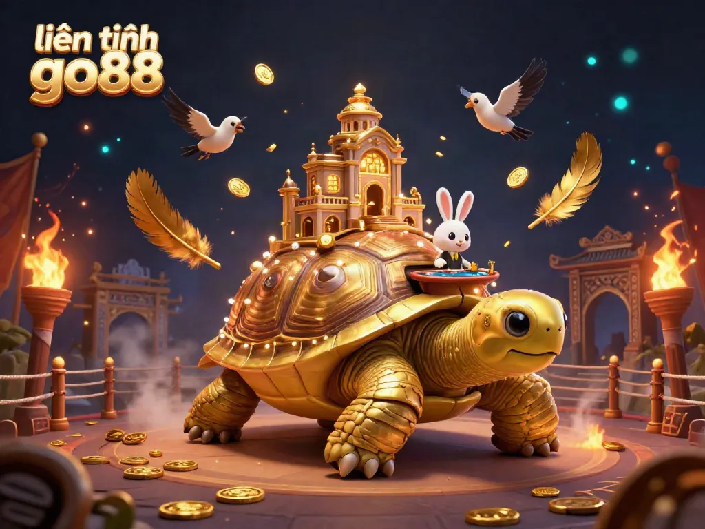 Experience the excitement at liên hệ go88 with a vibrant 3D casino scene featuring a golden tortoise casino and a rabbit dealer.