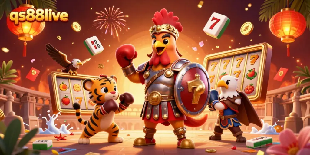 Engage in thrilling gameplay at qs88live with an action-packed illustration of a gladiator rooster and tiger cub in a casino arena.