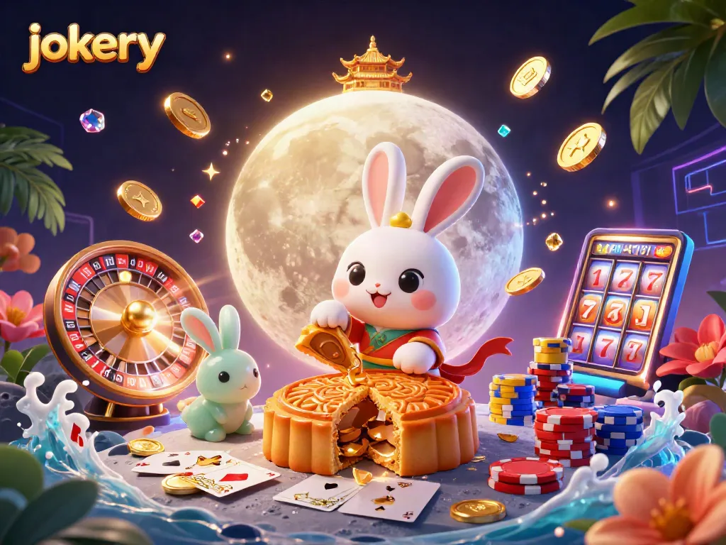 Engage in exciting gameplay at jokery with vibrant 3D scenes featuring moon rabbits and poker chips.