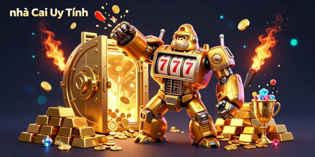 Engage with Nhà Cái Uy Tín through an ultra-detailed 3D illustration showcasing a golden gorilla mech in a vibrant casino theme.