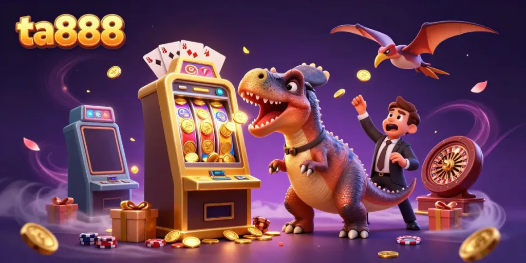 Experience the thrill of ta888 as a pachycephalosaurus wins jackpots amidst a lively casino.