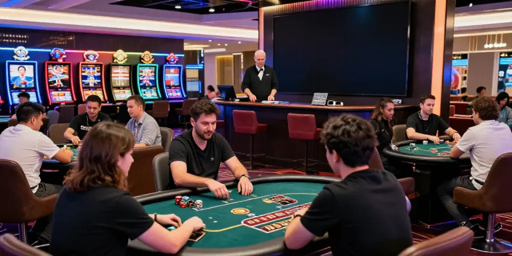Dewacash Asia gaming environment with diverse players enjoying various games and vibrant casino lights.