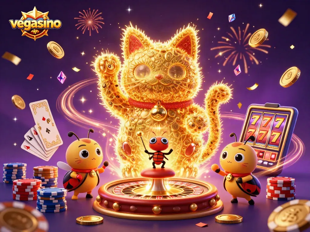 Experience the thrill of vegasino with a giant lucky cat made of fireflies amidst cascading coins and vibrant gems.