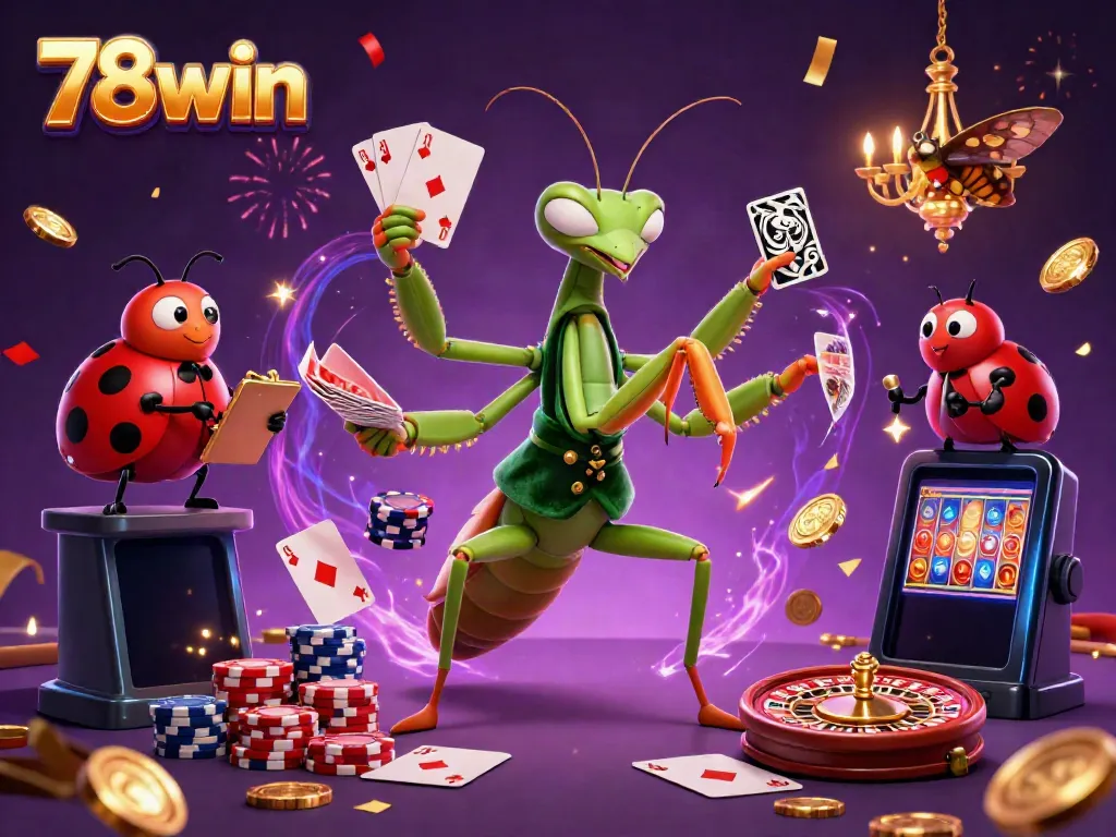 Engaging 3D scene of a giant mantis and ladybug at a casino with 78win gaming elements.