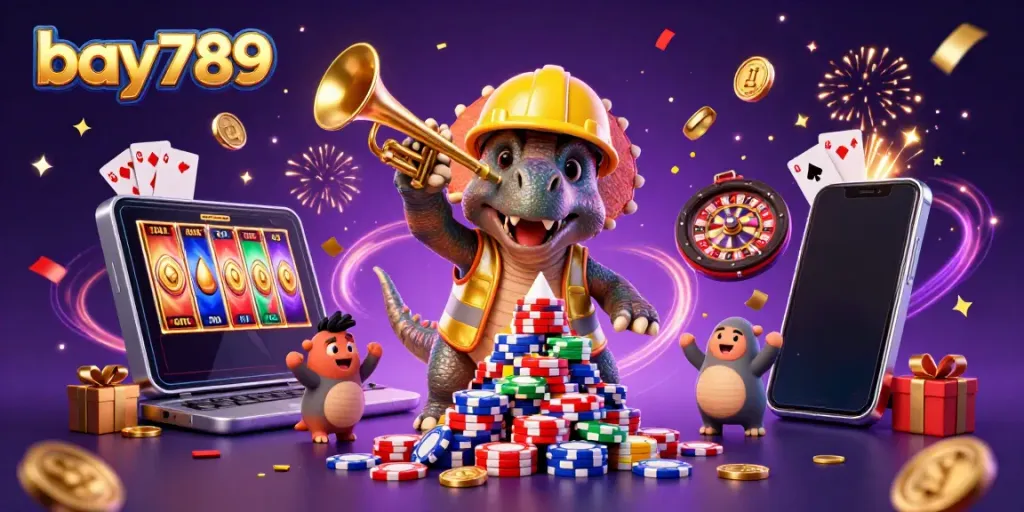 Celebrate victories at bay789 with a vibrant 3D casino scene featuring a playful triceratops and gaming elements.
