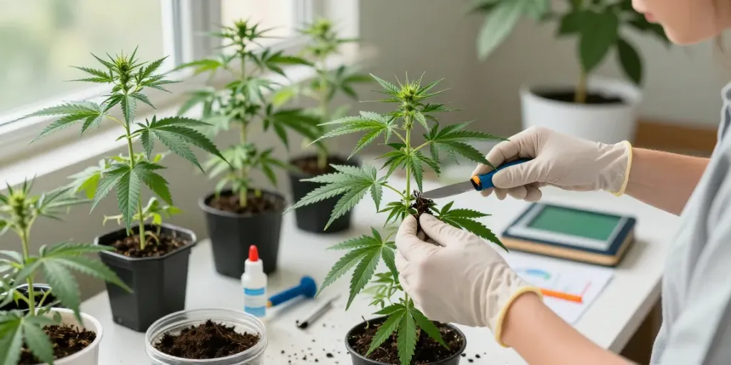 Cannabis steckling schneiden process with grower using a sterilized scalpel on a healthy mother plant in a bright indoor garden.